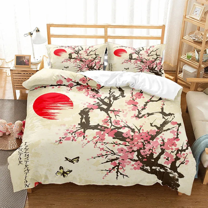 Housse de couette japonaise Sakura fleuri sur lit King