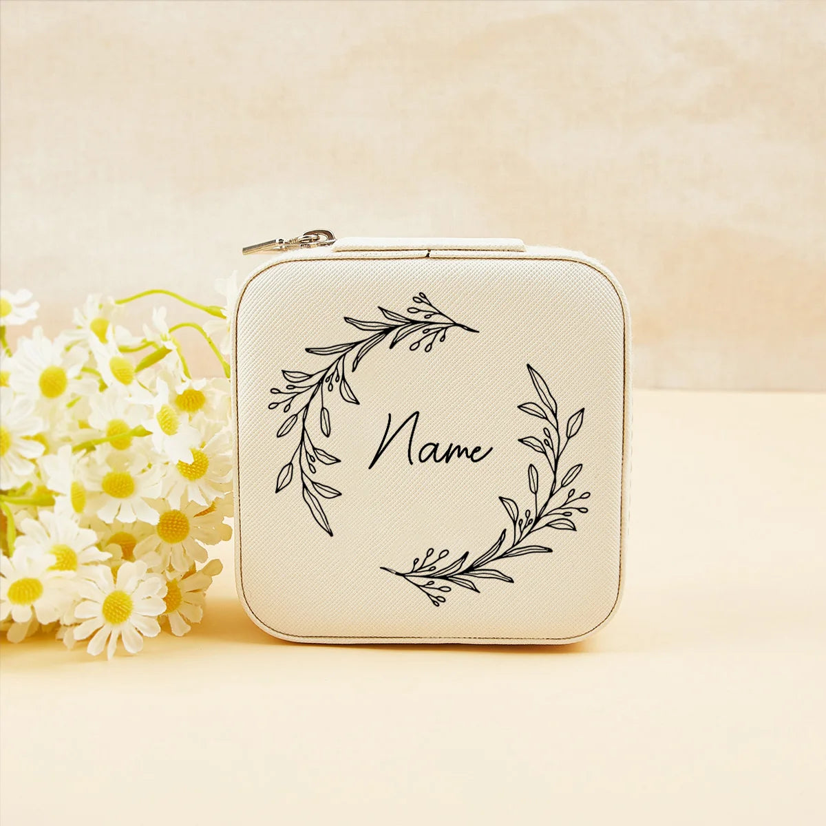 boîte bijoux personnalisation fleurs blanc rose vert moderne élégant zip 10x10cm