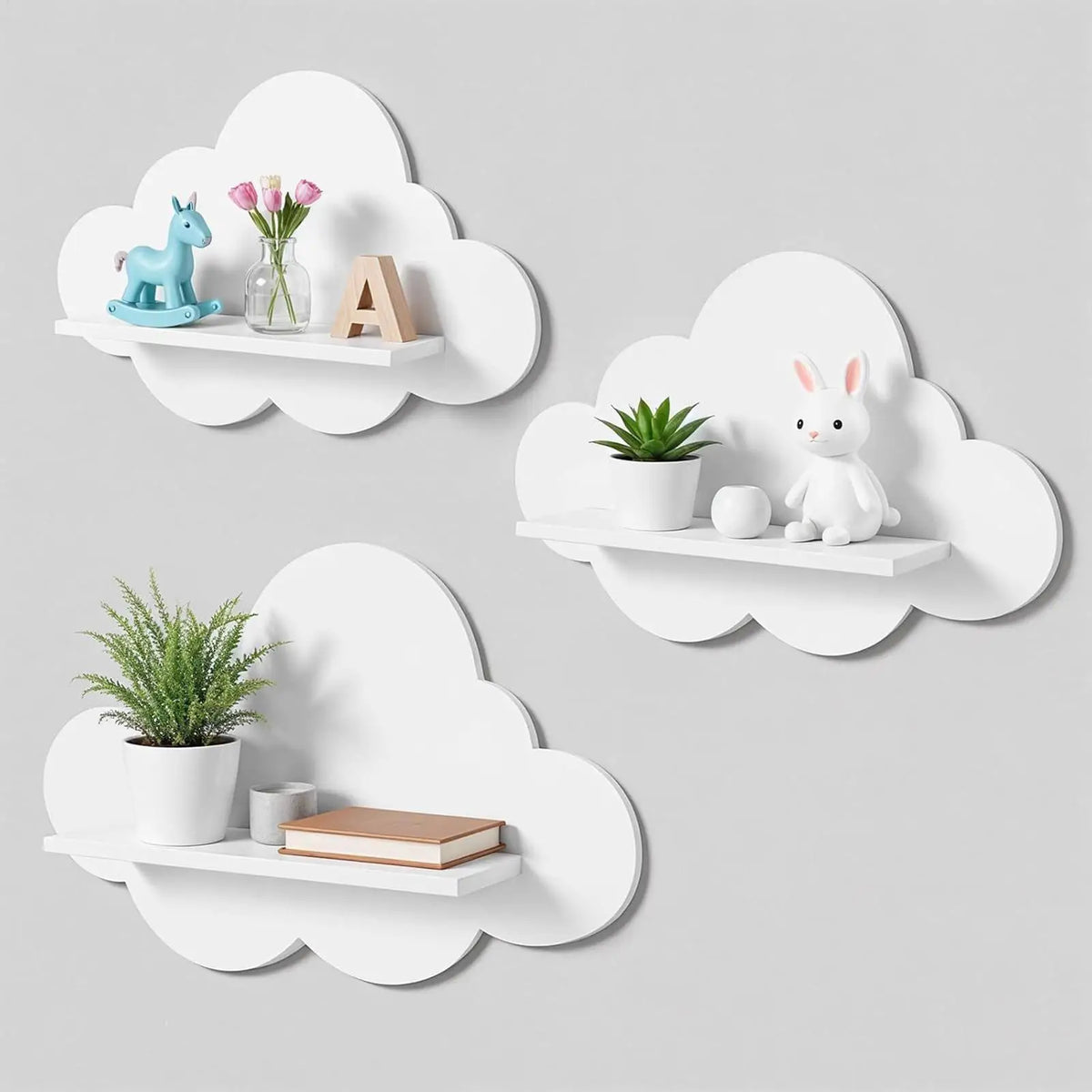 étagères murales nuage blanches moderne adhésives poupée vase fleurs lettres plantes livres chambre