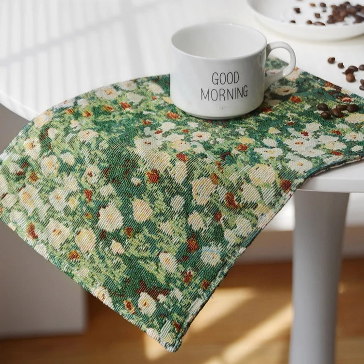 serviette table vintage fleurie polyestercoton couleurs vrb blanc tasse good morning