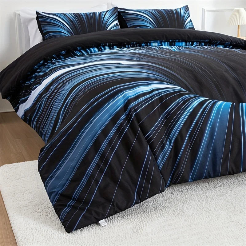 ensemble literie moderne noir bleu blanc rayures diagonales impression 3d polyester brossé double king