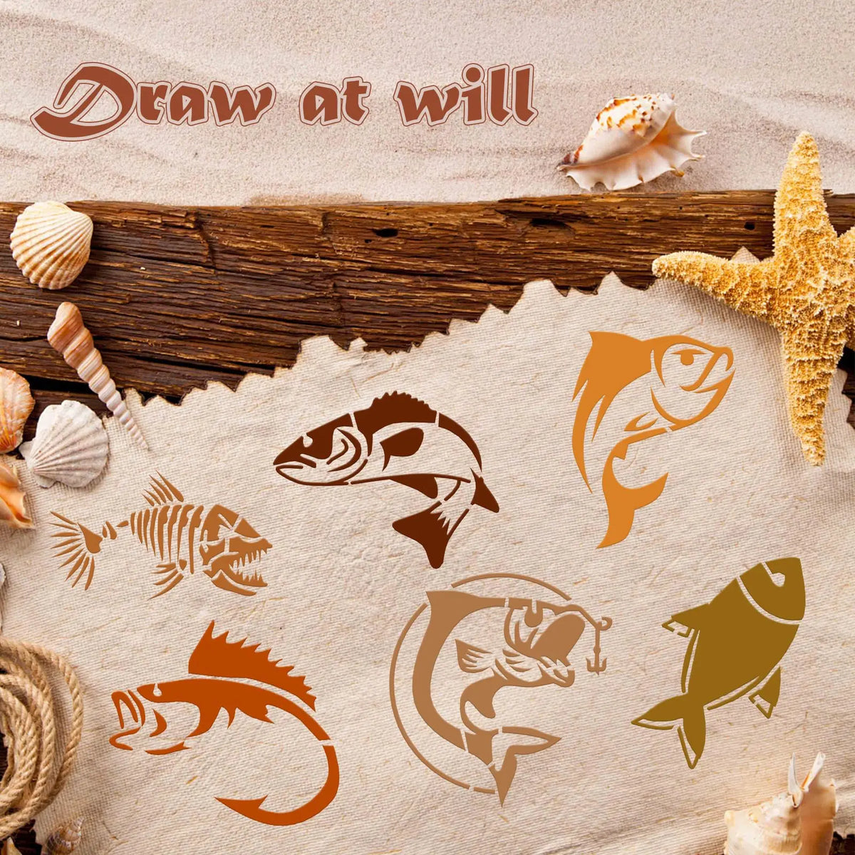 stencils poissons bleu blanc marron orange poissons stylisés motifs simples décoration artisanat meubles modernes