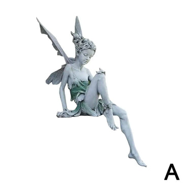 statue fée assise bronze gris vert texture rugueuse ailes ajourées fantastique decoratif jardinextérieur résistante