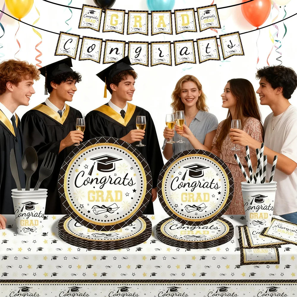 décoration fête diplômes guirlande congrats grad assiettes carton serviettes papier gobelets ballons roses