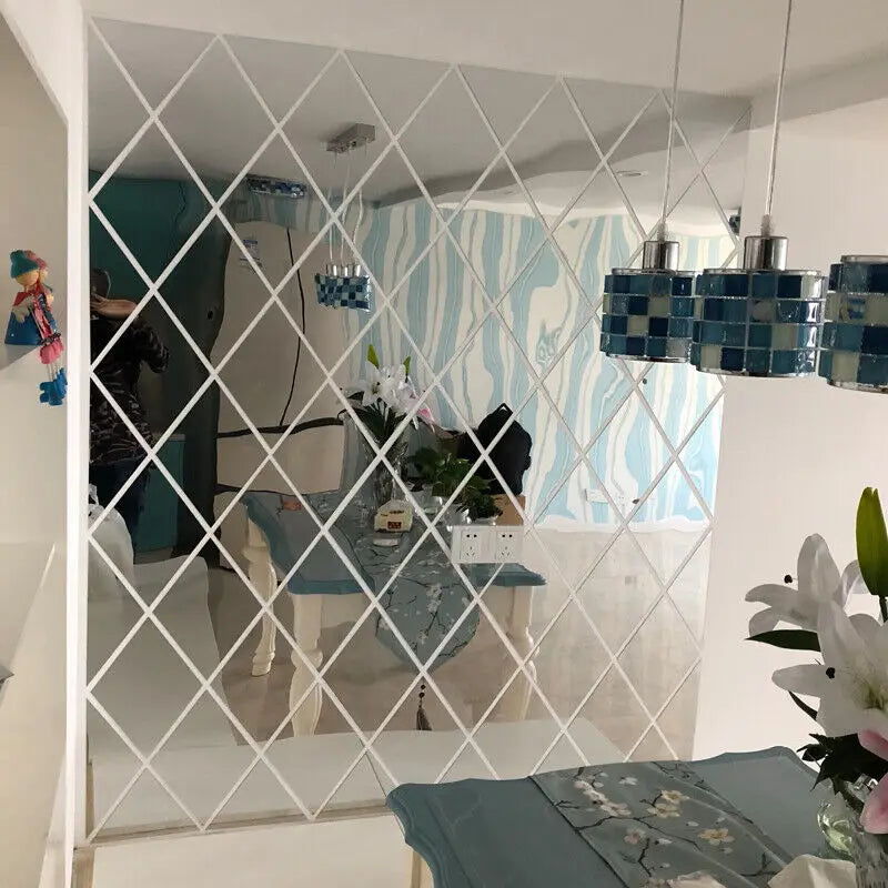 miroir blanc carreaux géométriques moderne adhésif mural sans cadre
