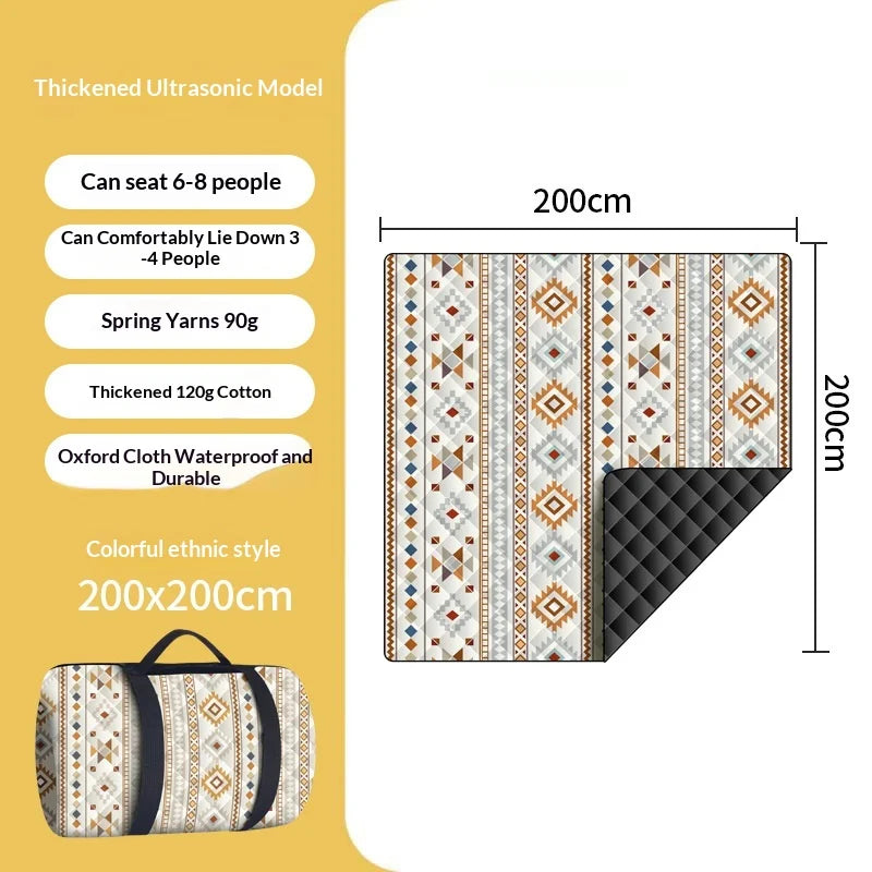 tapis pique nique pliable imperméable motif ethnique sac transport couleur beige orange bleu rouge