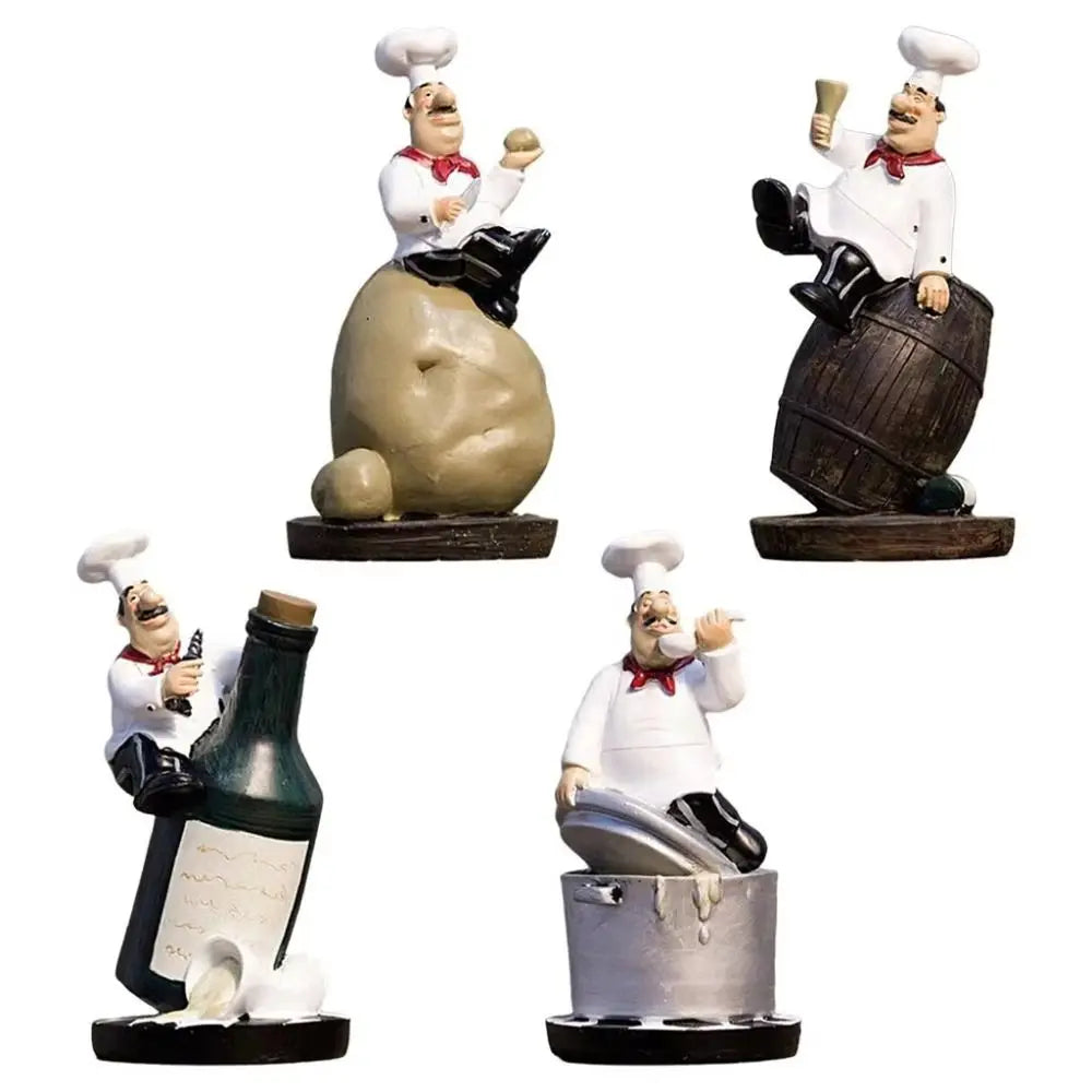 statue cuisinier cartoon uniforme blanc tablier noir chapeau cuillère dorée bouteille pot pomme terre