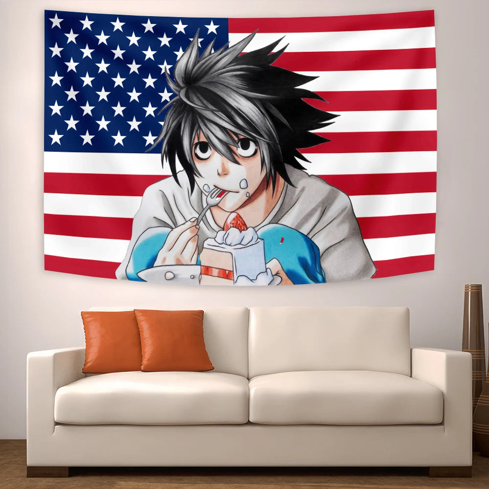 tapisserie anime personnages dessin animé rose blanc bleu noir chambre salon