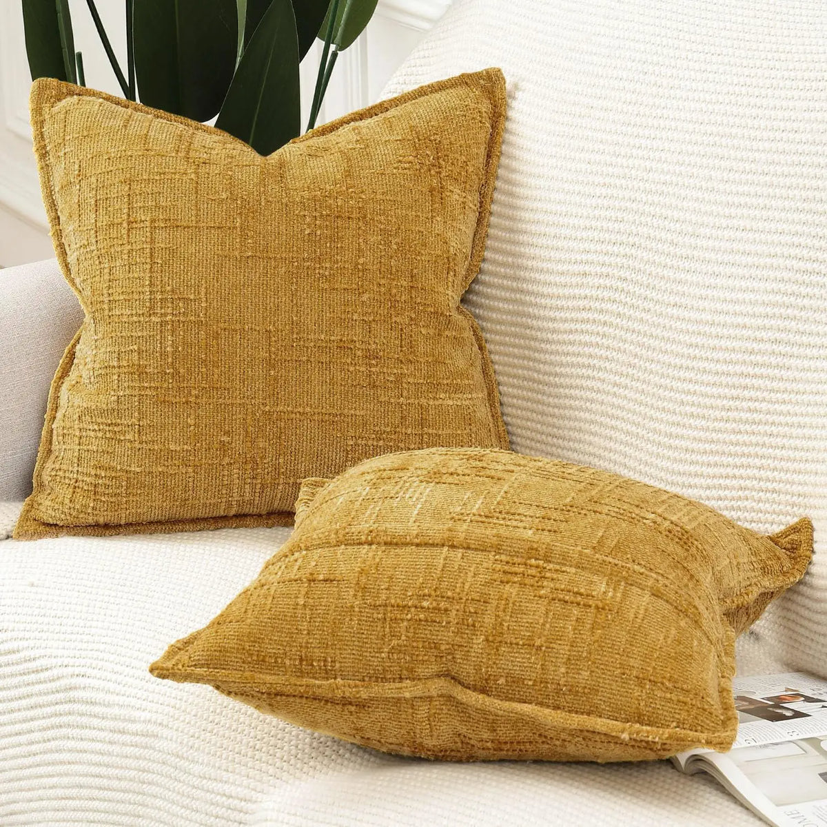 housse coussin tissée moutarde moderne 45x45cm polyester non toxique respectueux environnement décoration salon chambre