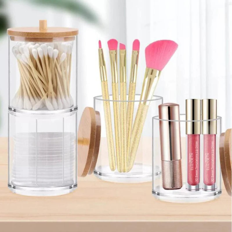 boîtes rangement cosmétiques transparentes couvercle bois moderne coton tige lingettes pinceaux rouges lèvres