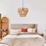 Suspension lumineuse tressée bambou moderne boho chic naturel noir fixée câble