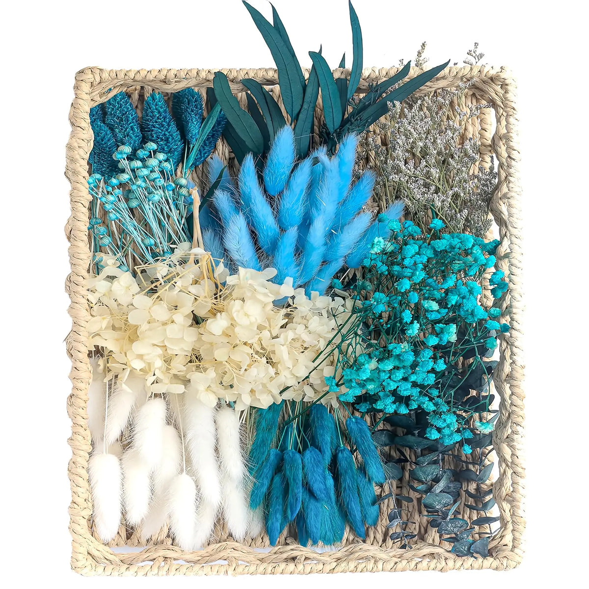 bouquet fleurs séchées bleu blanc vert plumes eucalyptus décoration maison anniversaire mariage