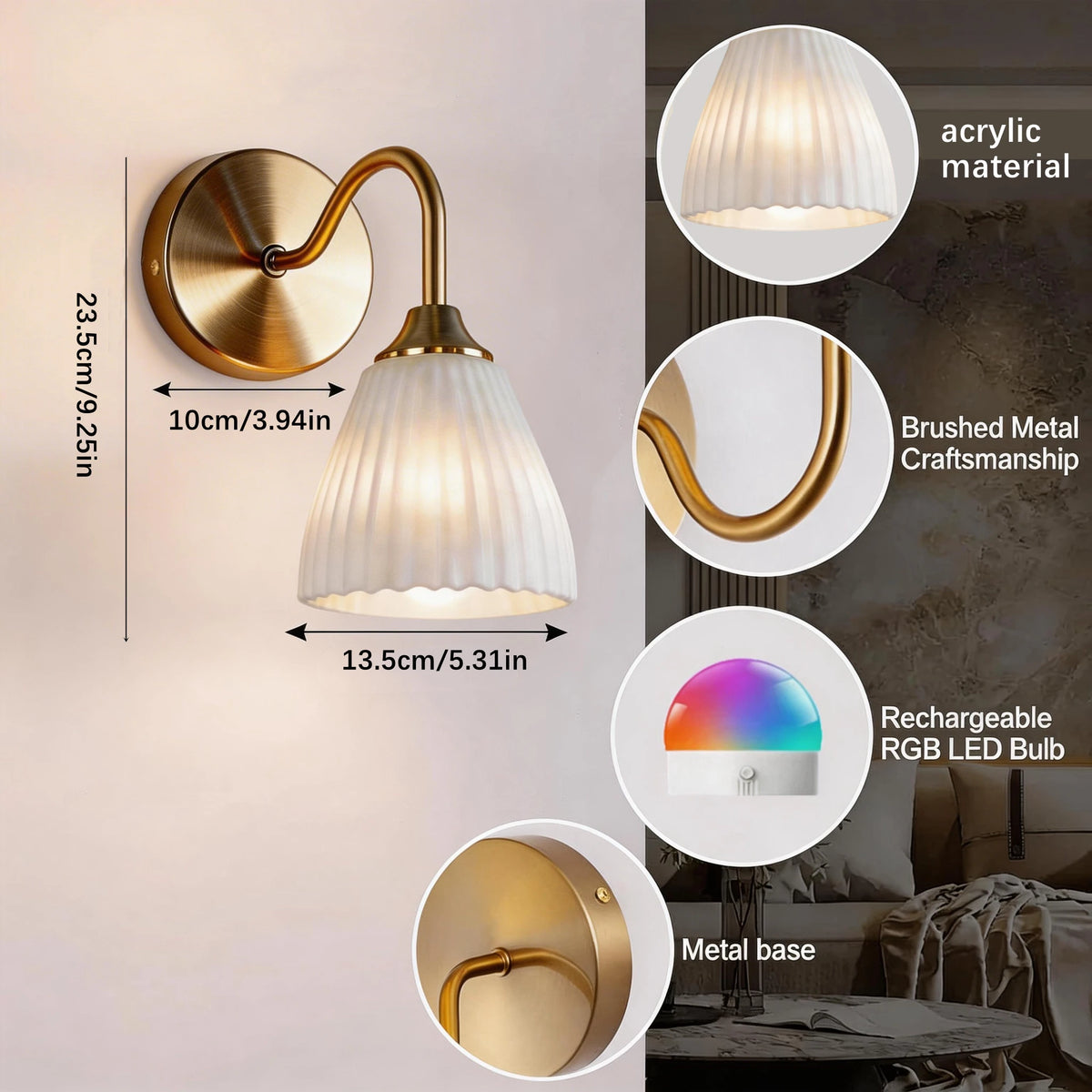 lampe murale rechargeable or blanc plissée télécommande led rgb moderne chambre salon entrée