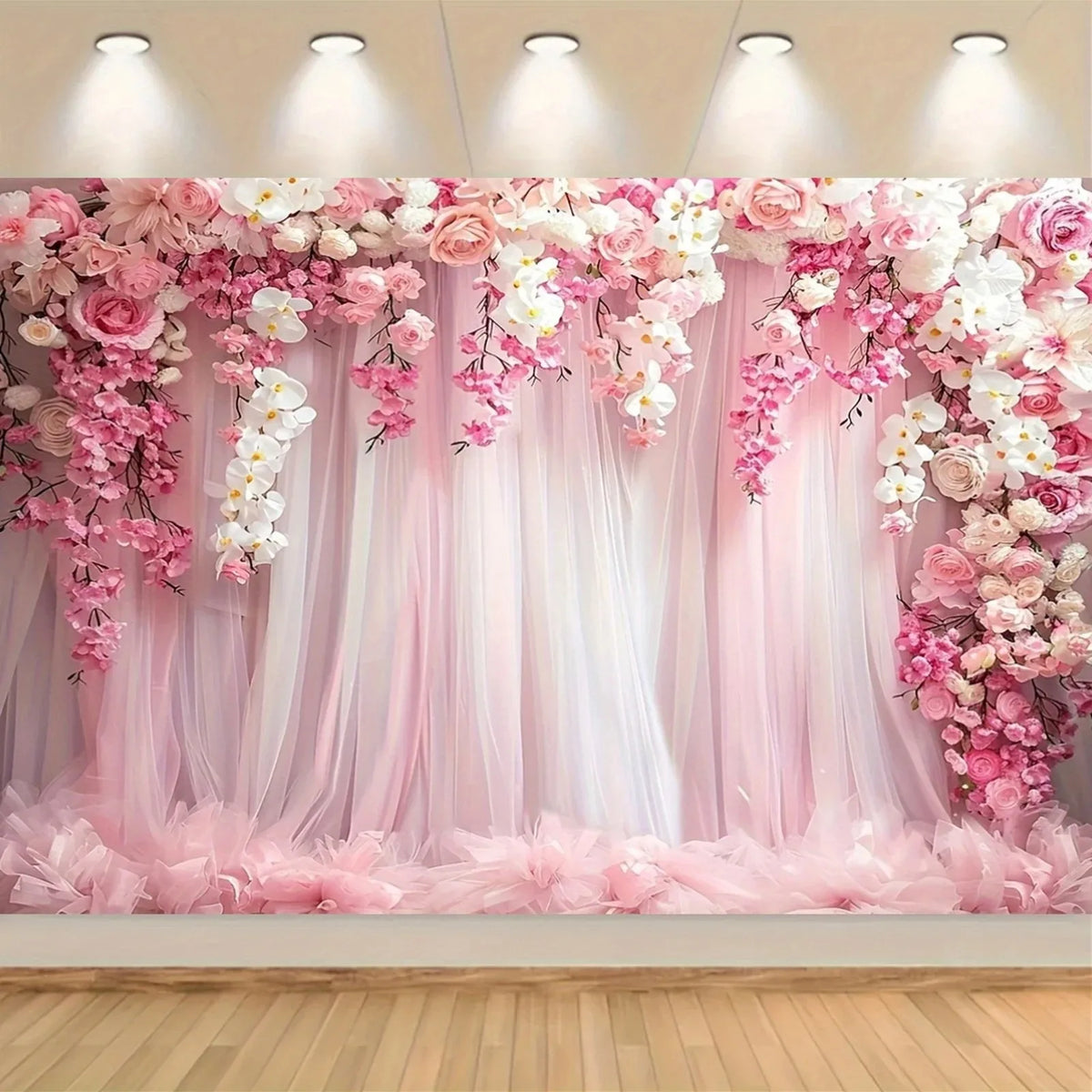 toile fond tulle semi transparent fleurs roses orchidées decoration murale romantique fiancailles mariage