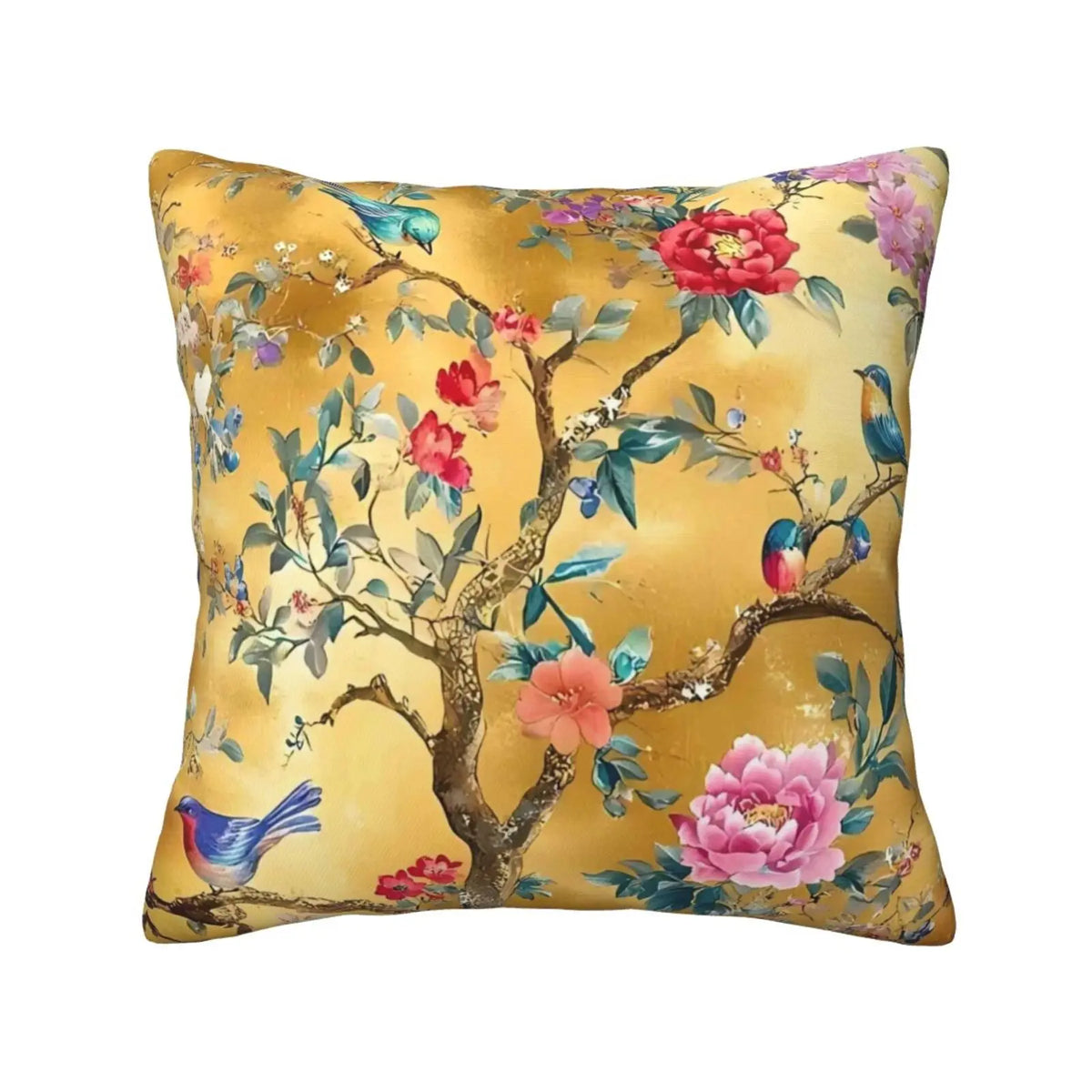 coussin pastoral fleuri oiseaux or rouge rose bleu vert polyester amovible lavable lit chambre