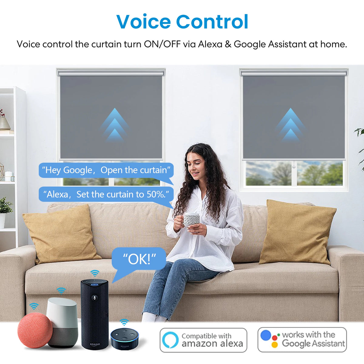 rideaux intelligents commande tactile noir google alexa voix contrôle app smartphone