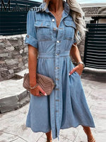 robe jean bleu clair patchwork boutons poches casual femme coton polyester extensible