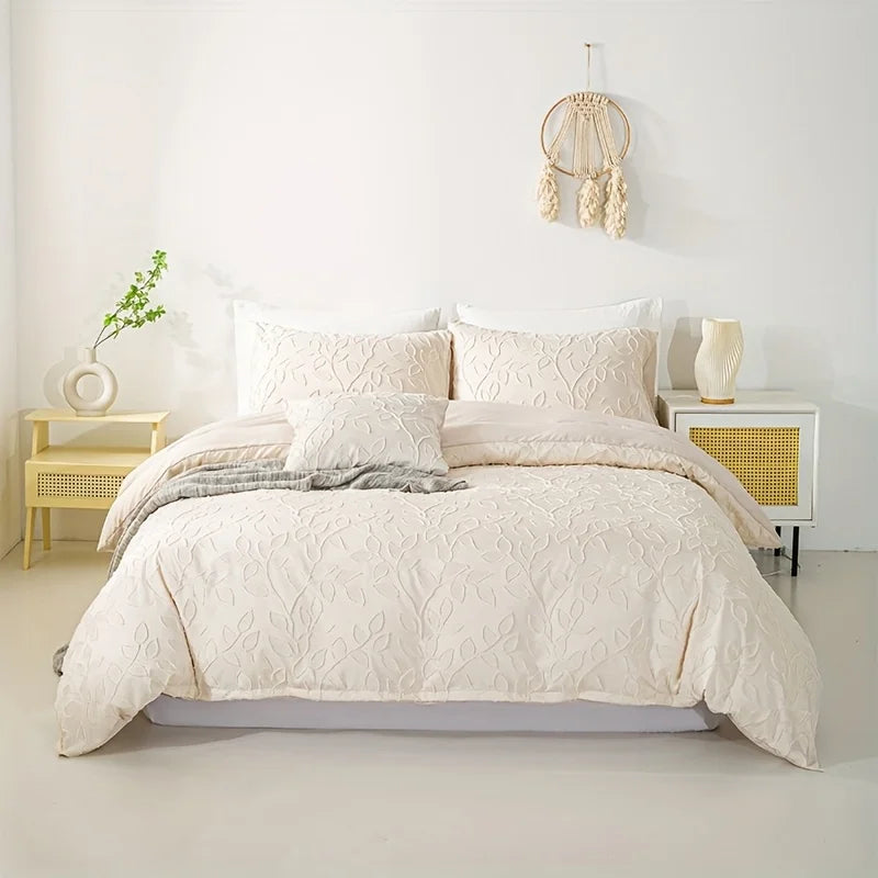 ensemble literie boho beige motif feuilles tissu brossé couvre lit taies oreiller double simple