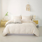 ensemble literie boho beige motif feuilles tissu brossé couvre lit taies oreiller double simple