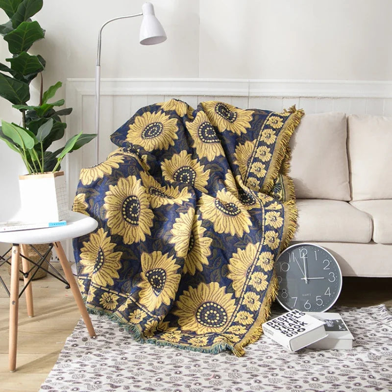 couverture coton tournesol bleu vintage portable anti boulochage printemps automne pique nique maison