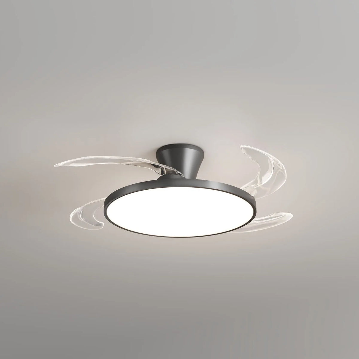 ventilateur led moderne noir blanc ailes lune lumiere télécommande contemporain