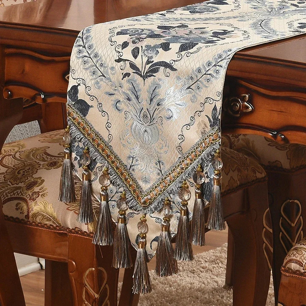 chemin table floral brodé bleu beige doré élégant maison polyester coton