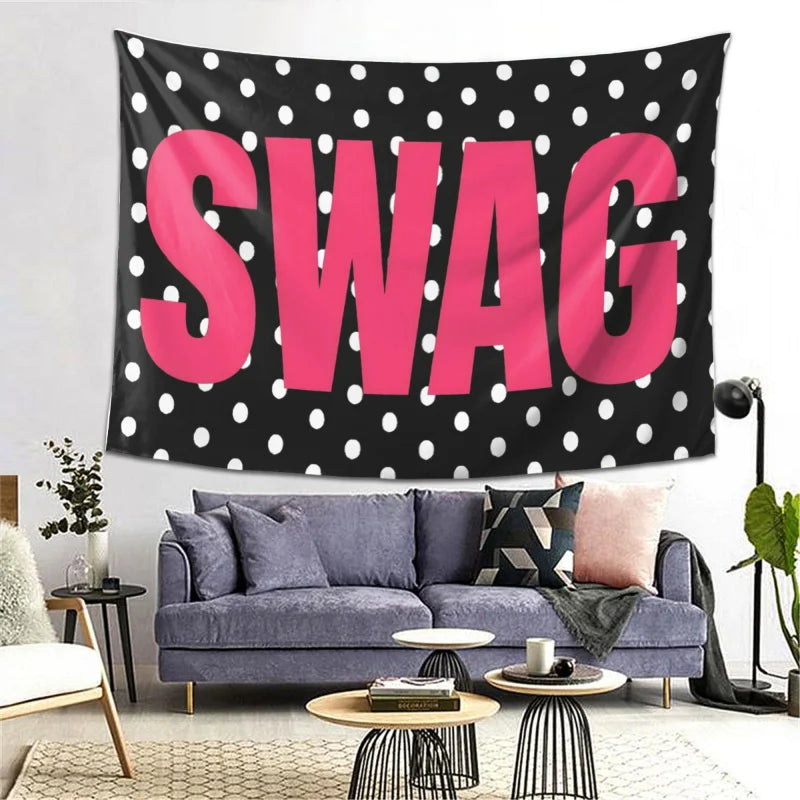 tapisserie murale noire pois blancs lettres roses swag décoration chambre moderne tissu pop art