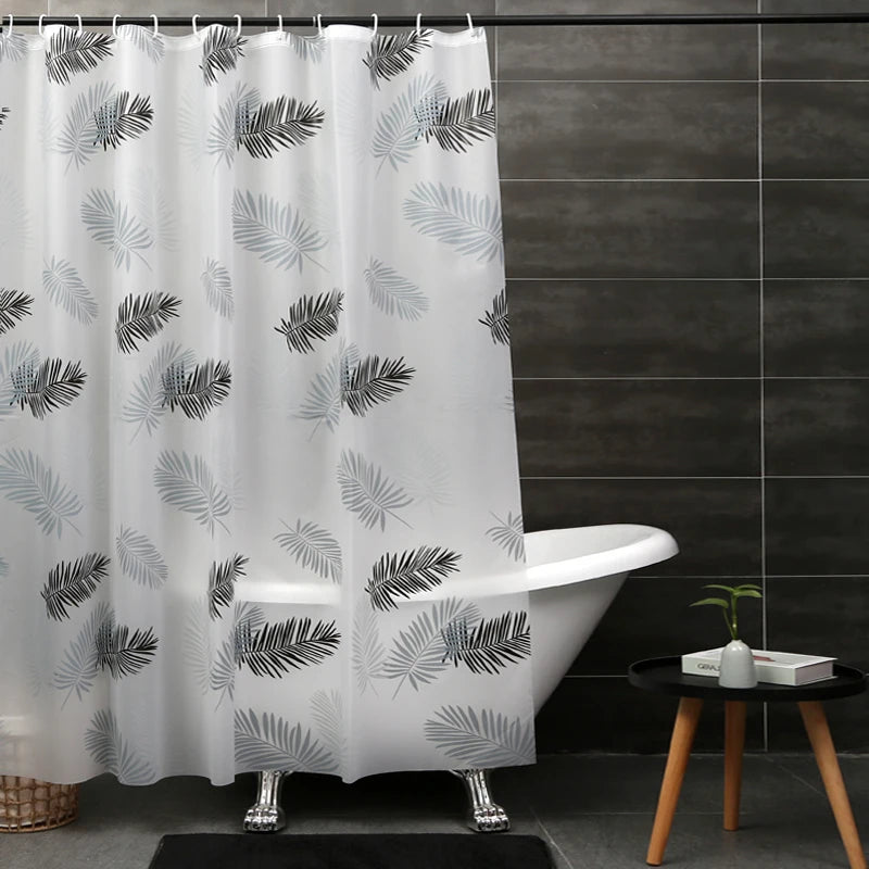 rideau douche moderne feuilles palmier blanc gris noir translucide 240cm anneaux