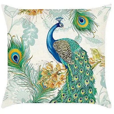 taie d'oreiller lin imprimé plumes paon moderne bleu vert doré coussin carré fixé