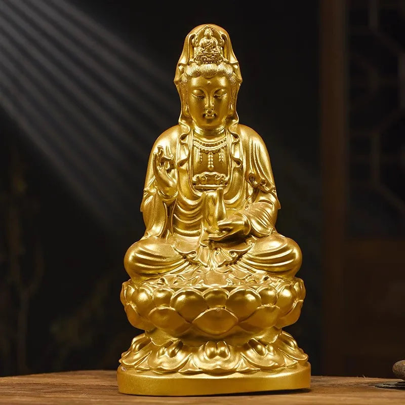 statue bouddha assis bois sculpté détaillé feng shui décoration maison brun clair doré traditionnelle