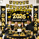 bannières graduation noir doré étoiles confettis caps moderne festives 2026 congratulations proud