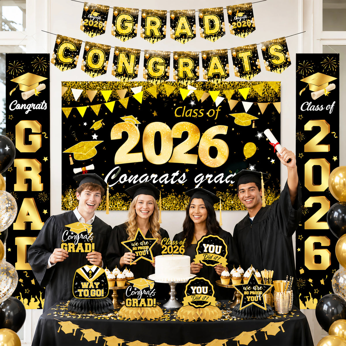 bannières graduation noir doré étoiles confettis caps moderne festives 2026 congratulations proud
