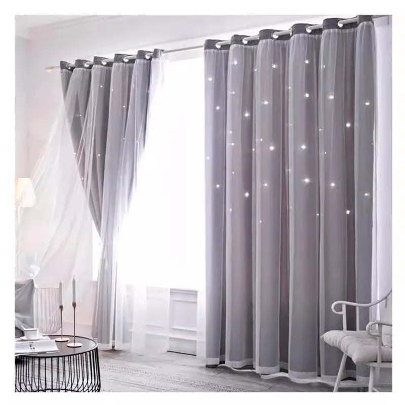 rideau double couche voile opaque motif étoiles blanches moderne romantique fenêtre salon maison