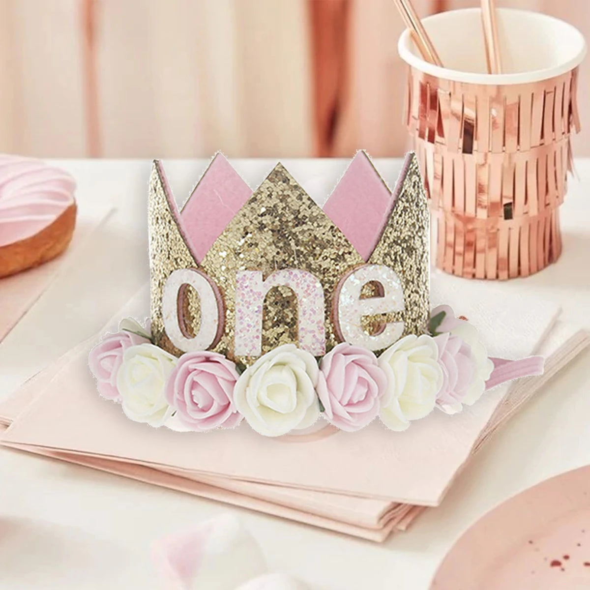 couronne enfant anniversaire ans paillettes or rose blanche fleurs artificielles bandeau élastique princesse festif