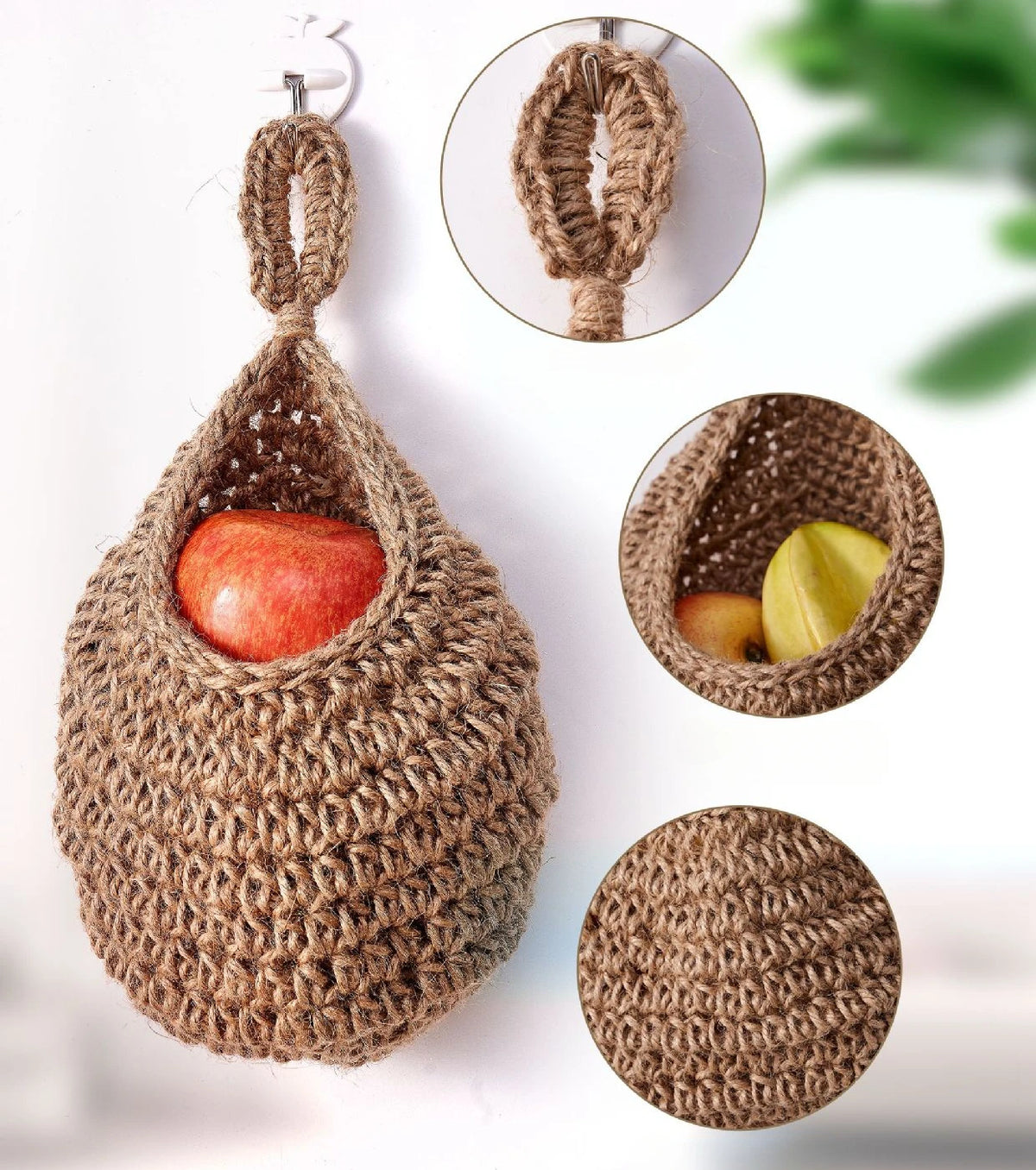 panier suspendu tressé marron clair rustique fruits légumes cuisine jardin