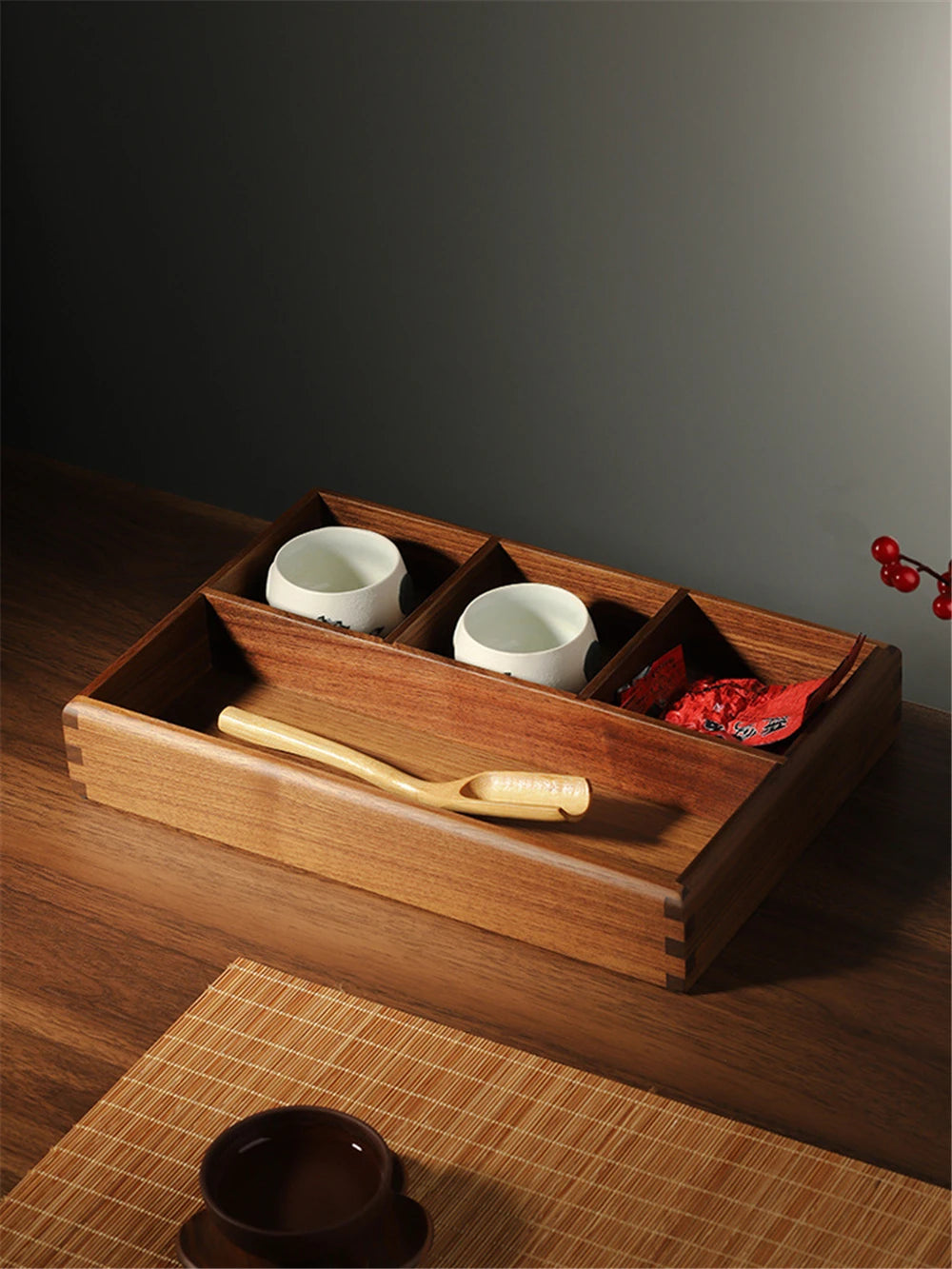 boîtes rangement bois moderne plateau thé tasses théière bijoux minimaliste