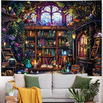 tapisserie murale fantastique multicolore arbres livres potions crânes bougies bibliothèque