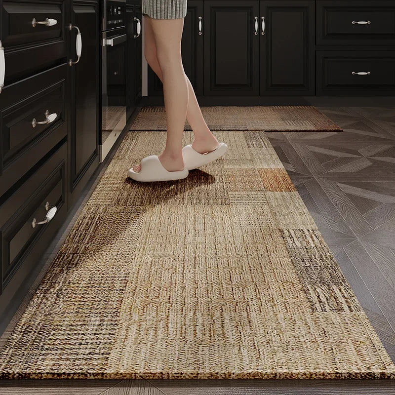 tapis cuisine antidérapant patchwork polyester résistant bactéries moderne rustique beige marron opacité