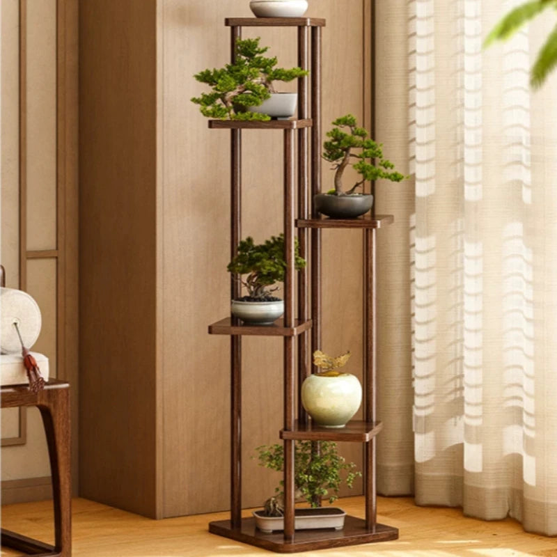 étagère plantes bois moderne minimaliste marron foncé plante pot grille dimension