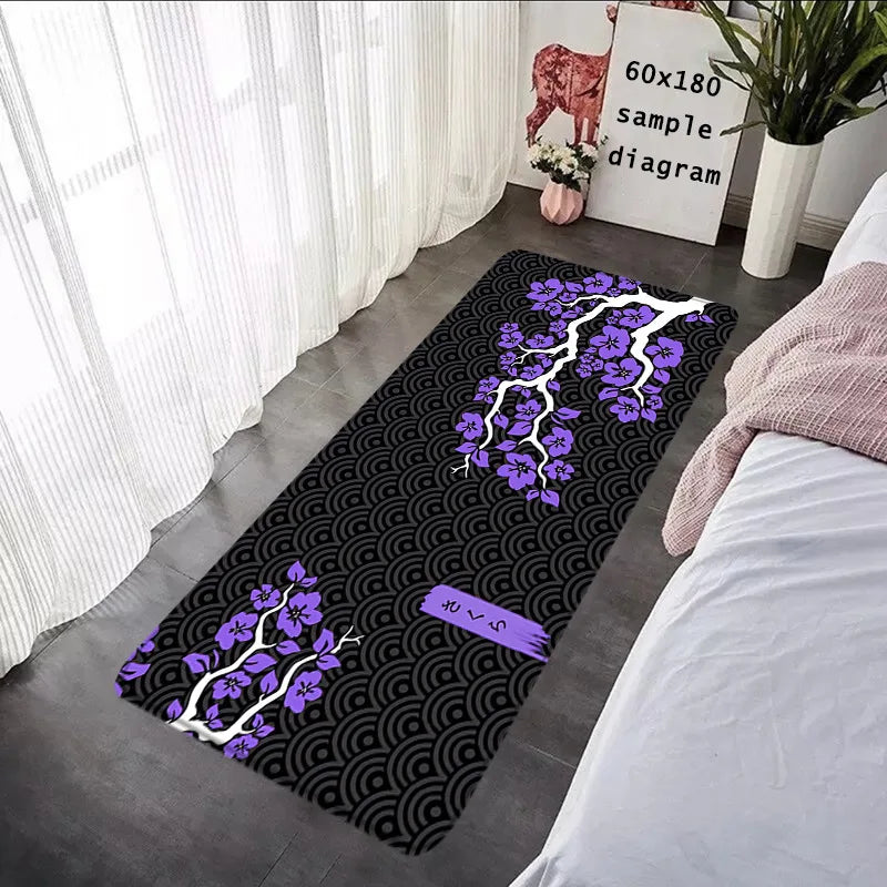 tapis moderne fleurs cerisier sakura noir rose violet décoration salon chambre maison intérieur