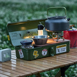 boîte outils métal poignée cuir camping rangement vintage robuste vert noir