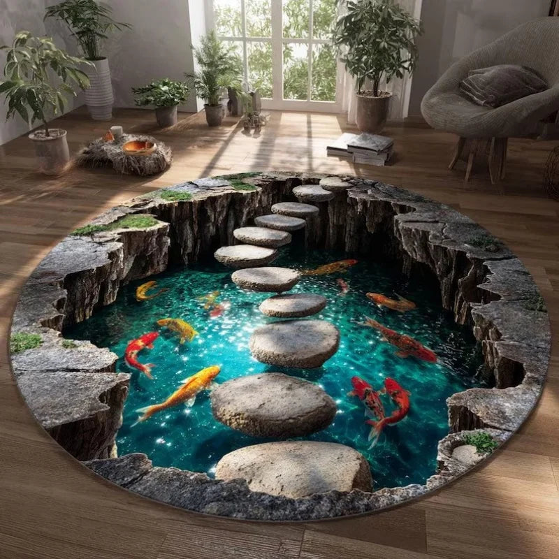 tapis rond moderne paysage aquatique poissons verte bleue noire 80x80cm 120x120cm salon chambreextérieur