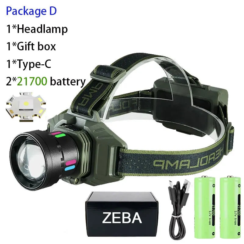 lampe frontale led vert noire tissu motifs pratique camping pêche chasse lumière réglable charge