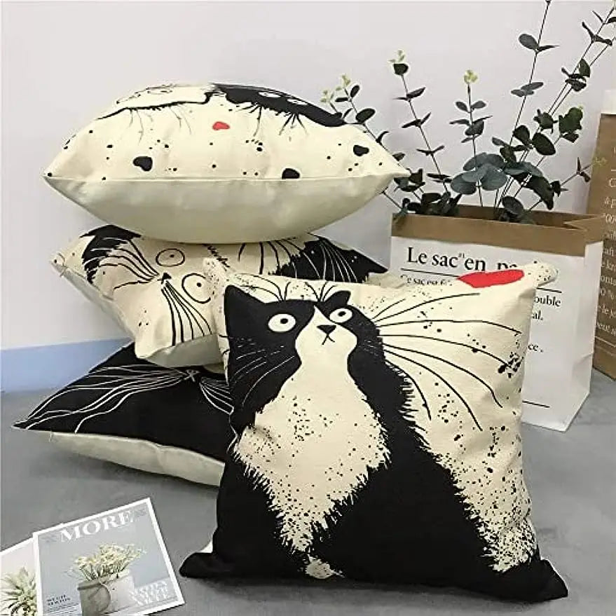 taie d'oreiller lin motif chats noir blanc moderne 45x45cm fixée