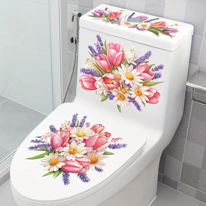 cache wc adhésif moderne fleurs colorées tulipes roses pivoines blanc amovible salle bain décoration