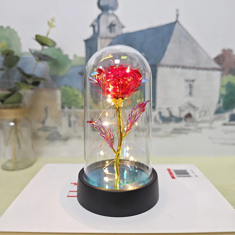 rose artificielle verre transparent led bleu doré décoration intérieure anniversaire saint valentin préparation mariage