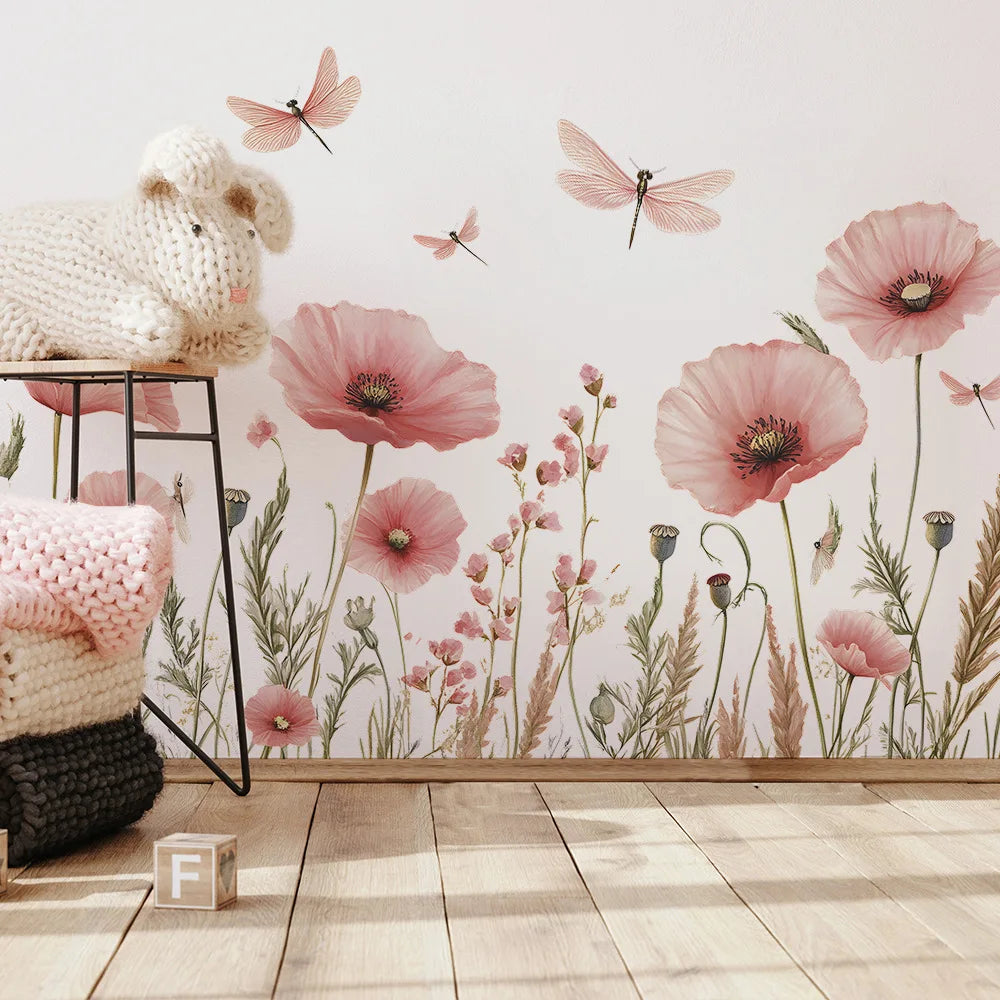 autocollants muraux fleurs roses dragonflies feuilles décoration murale intérieure pvc autoadhésifs naturel pastoral 54cm