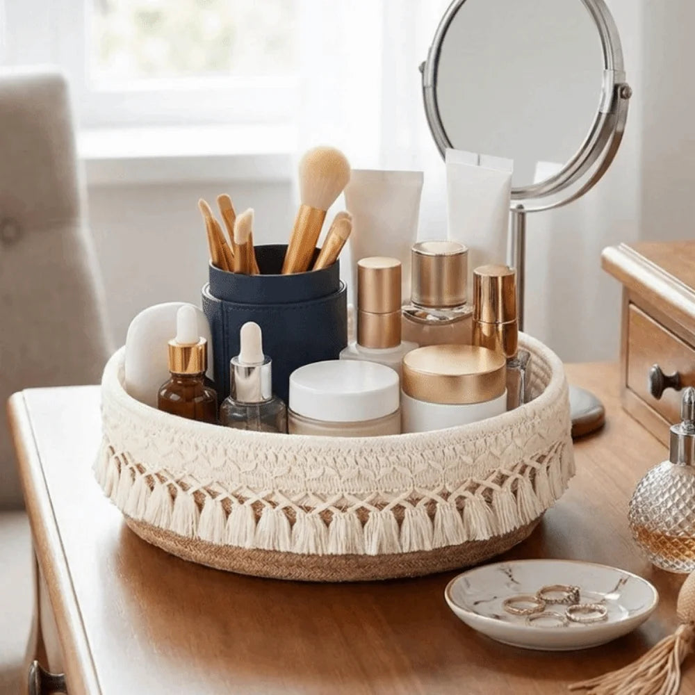 panier tissé boho chic beige noir franges rangement cosmétiques réutilisable multifonction opacité