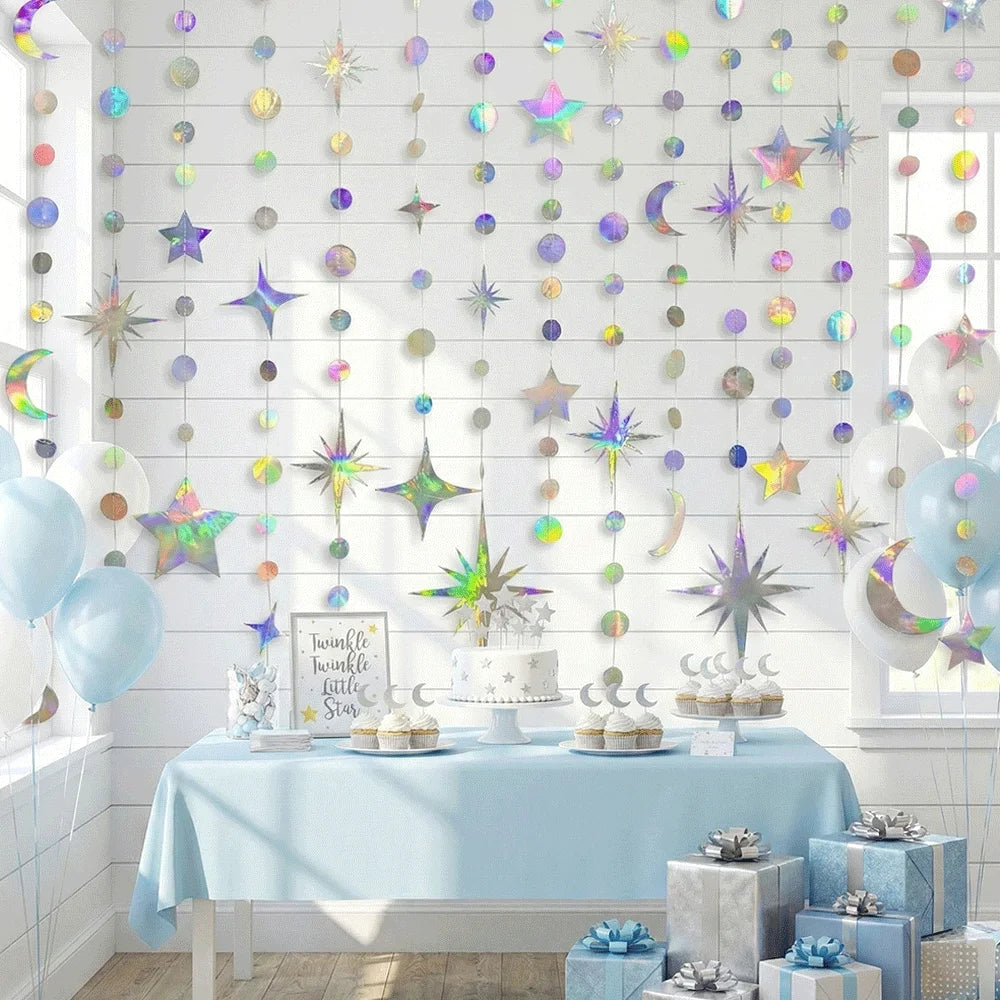 guirlande décorative festif étoiles lunes cercles iridescent mariage anniversaire eid mubarak holographique brillant