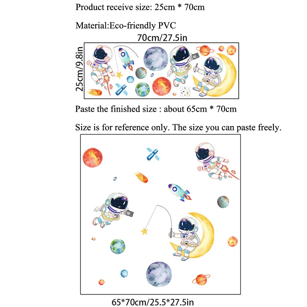 stickers muraux astronautes planètes fusées illustration colorée cartoon auto adhésif pvc multicolore résistant eau